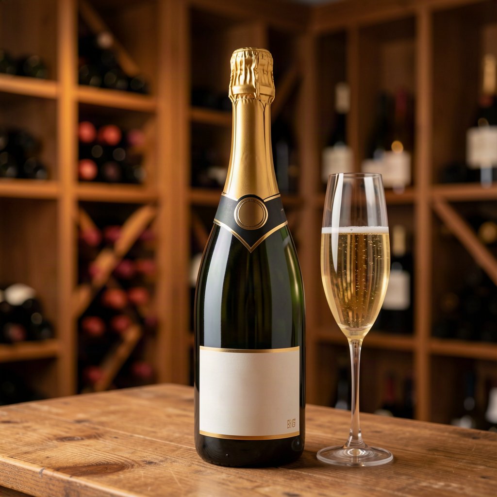 Bouteille de champagne de prestige sans étiquette et verre dans une cave