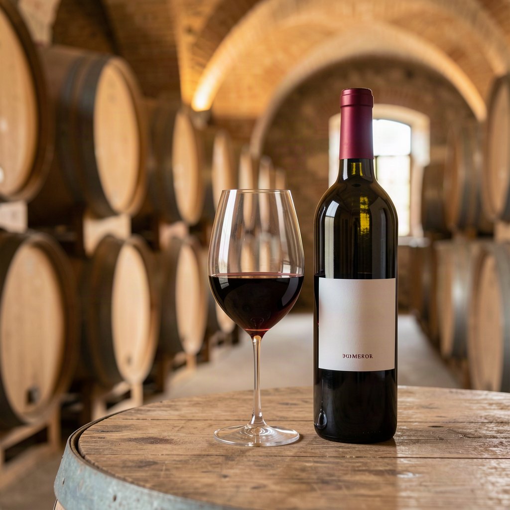 Verre de vin rouge de Pomerol lors d'une dégustation en cave bordelaise
