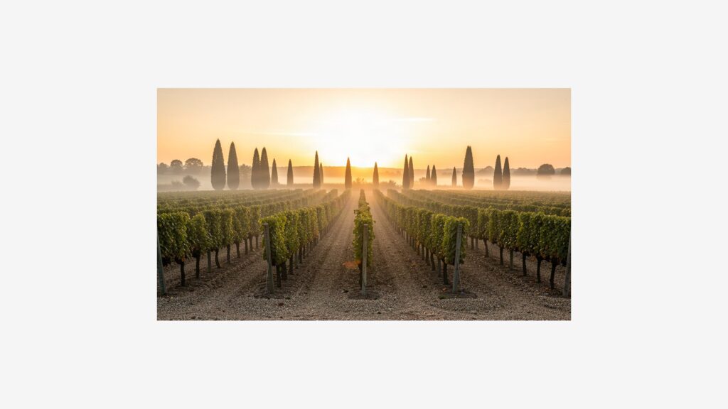 Vignoble de Pomerol au lever du soleil sur un terroir de graves et d'argiles