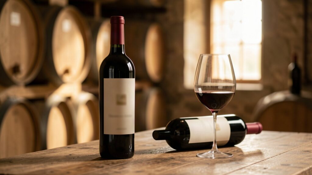 Bouteille de vin dans une cave avec un verre prêt à être dégusté