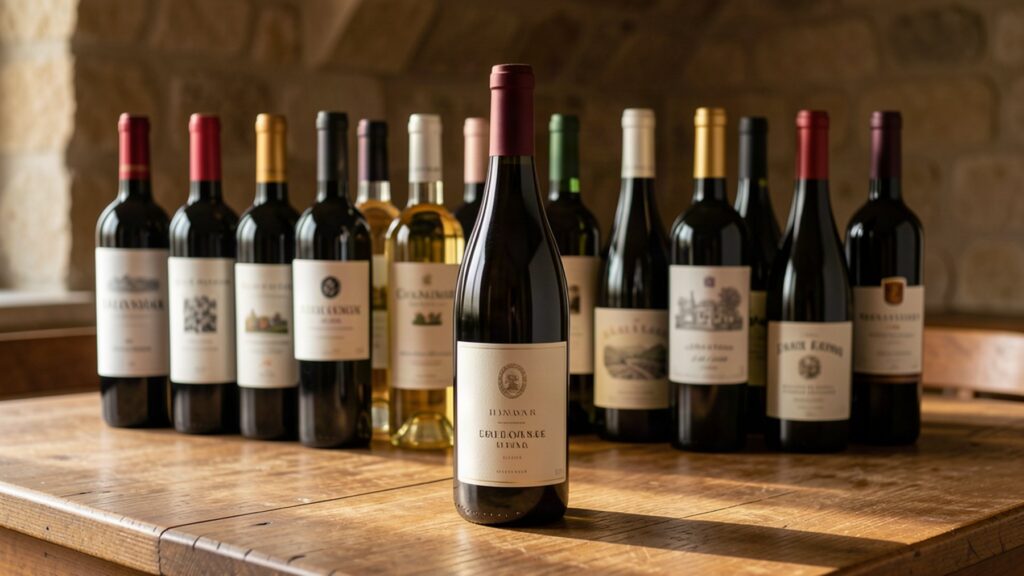 Bouteilles de vin dépareillées rangées dans une cave