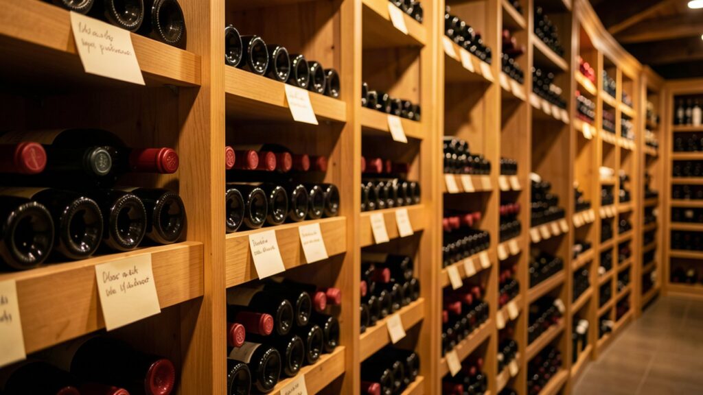 Bouteilles de vin rangées et étiquetées dans une cave organisée