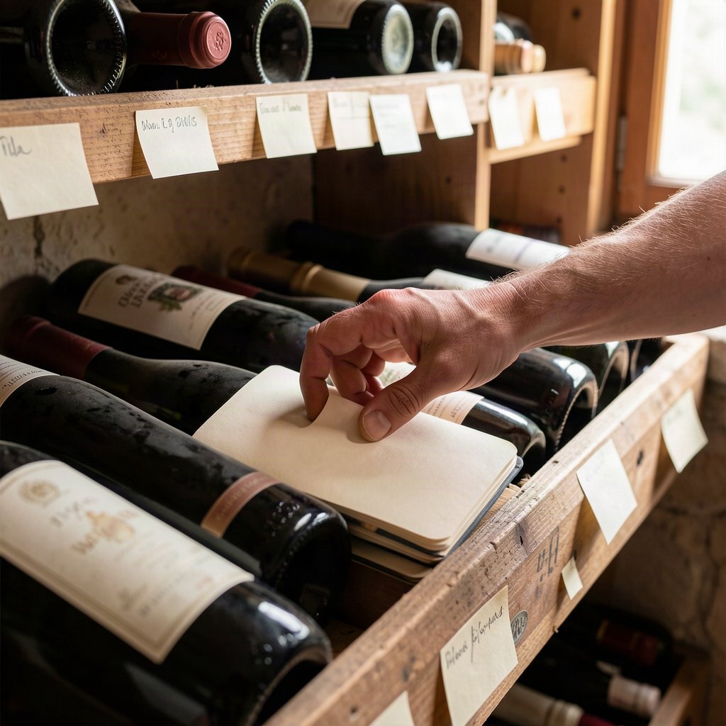 Ranger et étiqueter sa cave efficacement 1 Classement de bouteilles de vin dans une cave avec repères de rangement