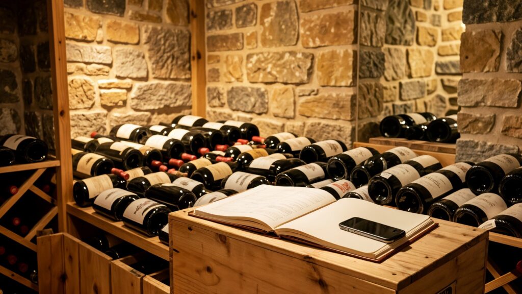 Cave à vin organisée avec bouteilles et carnet d’inventaire