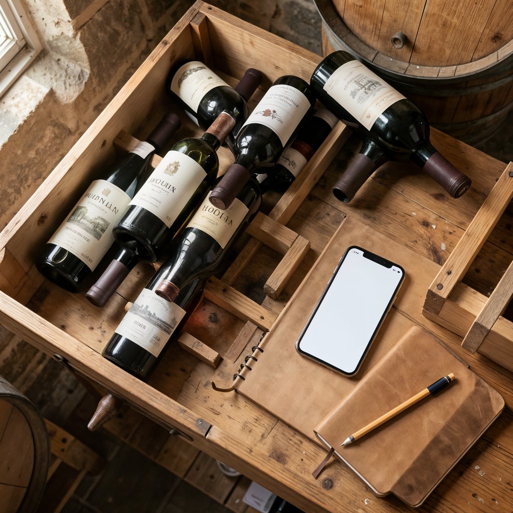 Réaliser l'inventaire de sa cave : méthode et outils 1 Inventaire de cave à vin avec bouteilles, carnet et smartphone