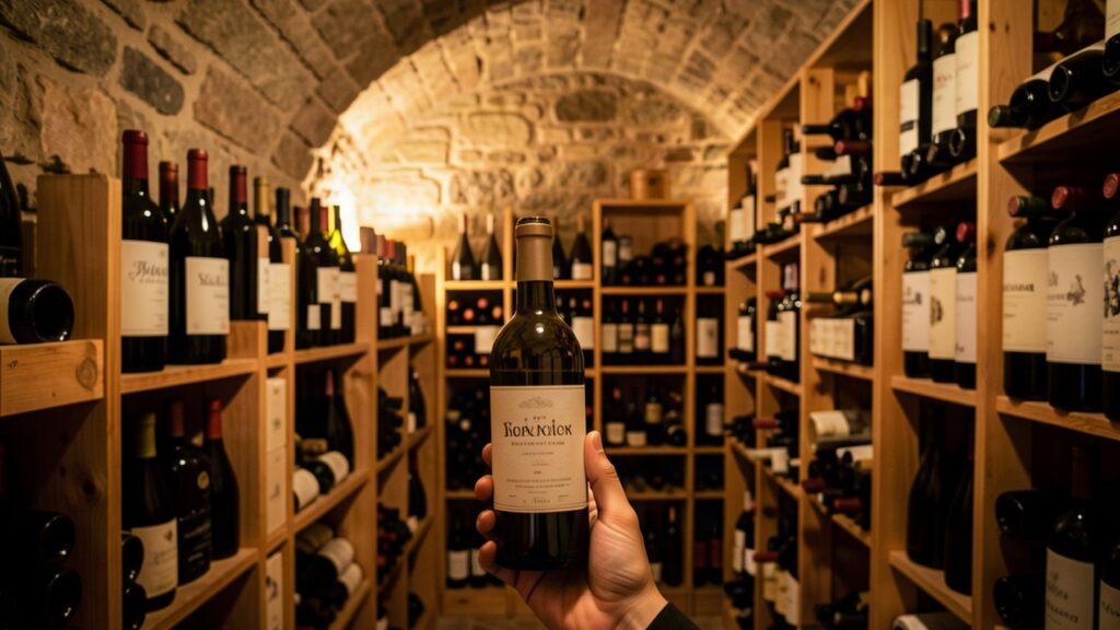 Bouteilles de vin de garde dans une cave en pierre