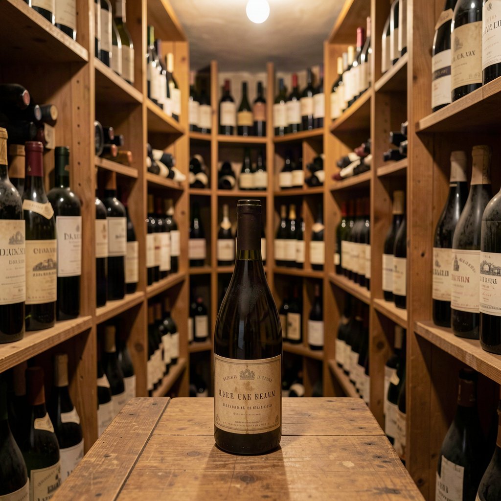 Bouteilles de vin ancien rangées dans une cave de collection