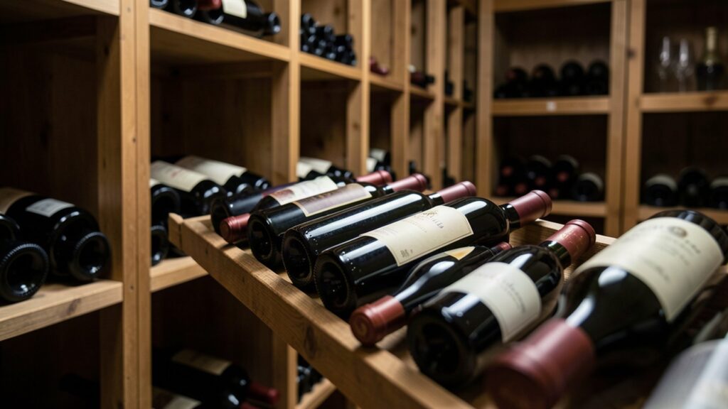 Bouteilles de vin conservées dans une cave en bois