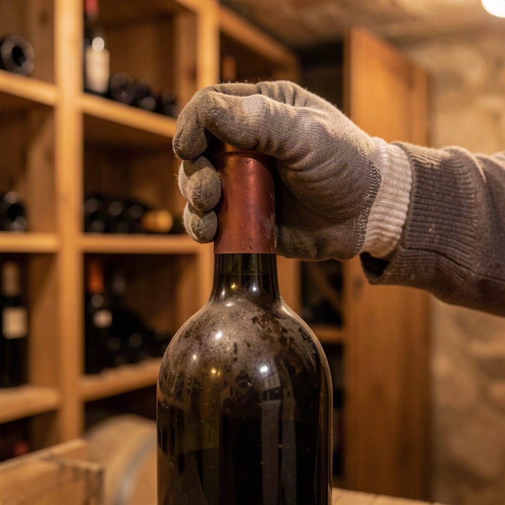 Les risques d’un investissement dans le vin 1 Main gantée contrôlant la capsule d’une bouteille de vin en cave