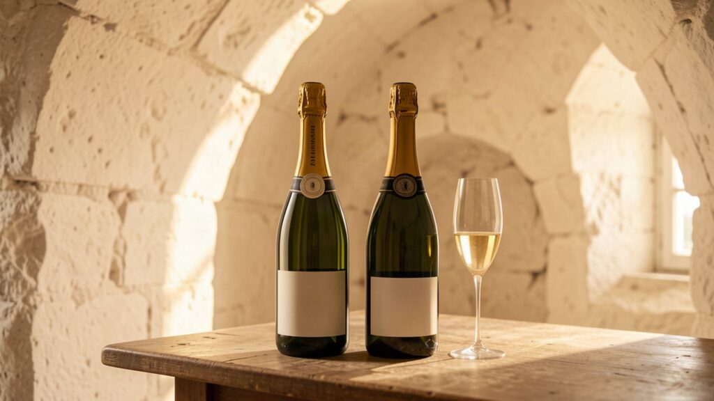 Bouteilles de champagne de prestige dans une cave en craie