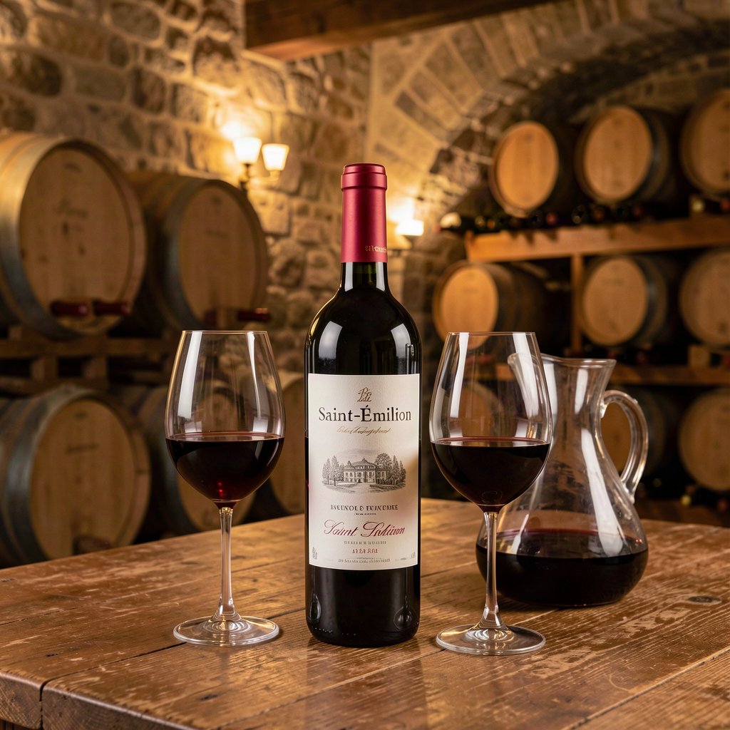 Saint-Émilion : terroir, styles et cote de ses vins 1 Bouteille de Saint-Émilion et verres de dégustation dans une cave à vin