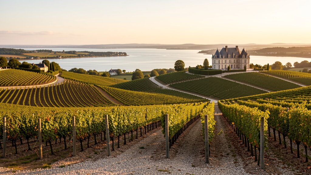 Vignoble de Saint-Julien dans le Médoc avec vue sur l'estuaire de la Gironde
