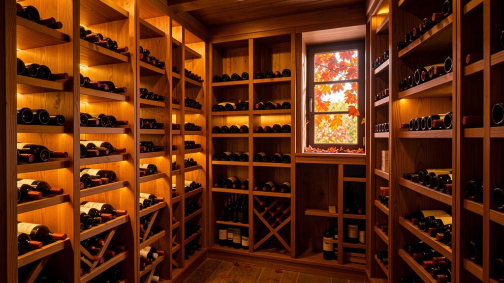 Cave à vin éclairée avec bouteilles et feuilles d'automne - saisonnalité du marché du vin