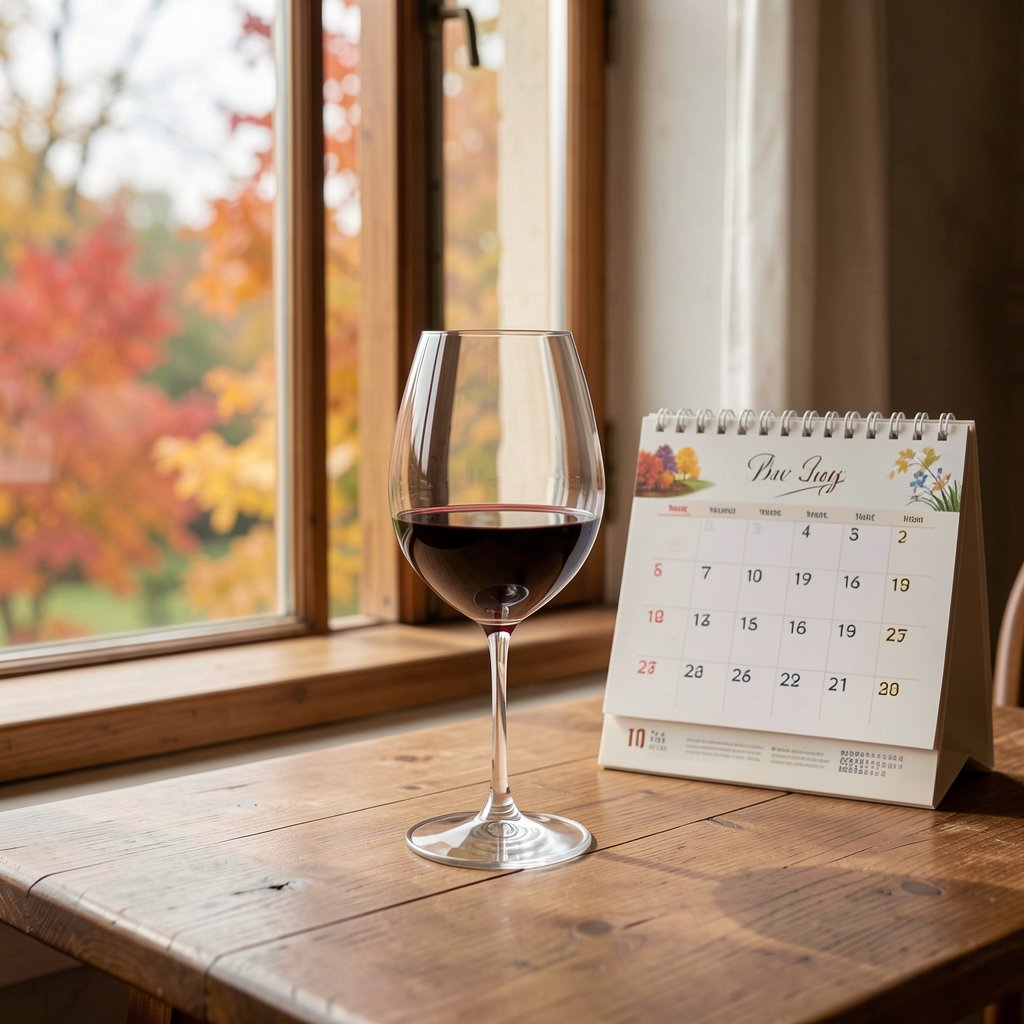 Vendre au bon moment : la saisonnalité du marché du vin 1 Verre de vin et calendrier sur une table en bois - vendre son vin au bon moment