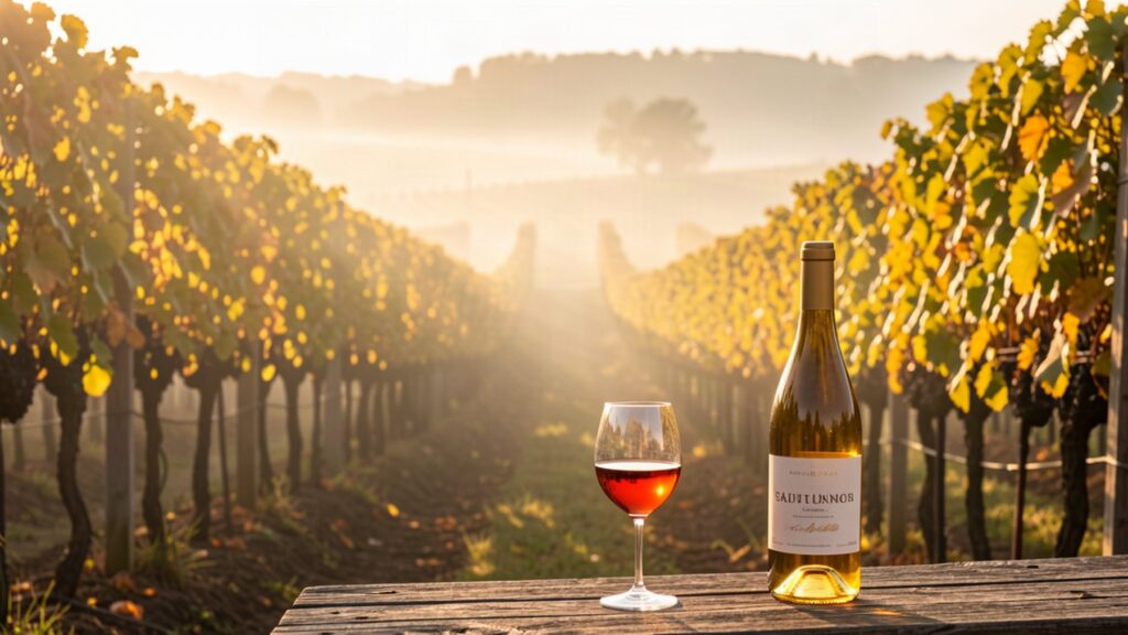 Vignoble de Sauternes au lever du jour avec bouteille et verre de vin liquoreux
