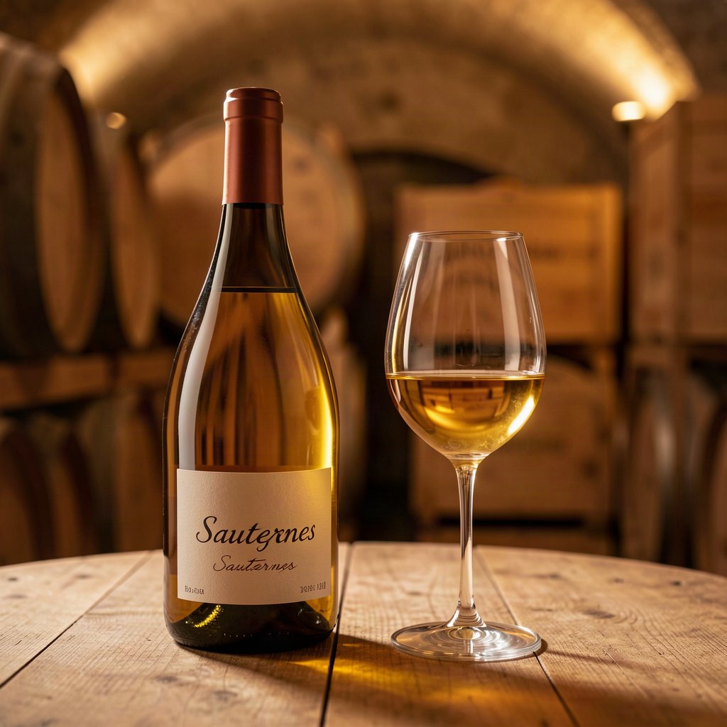 Sauternes : terroir, styles et cote de ses vins 1 Bouteille et verre de Sauternes dans une cave traditionnelle