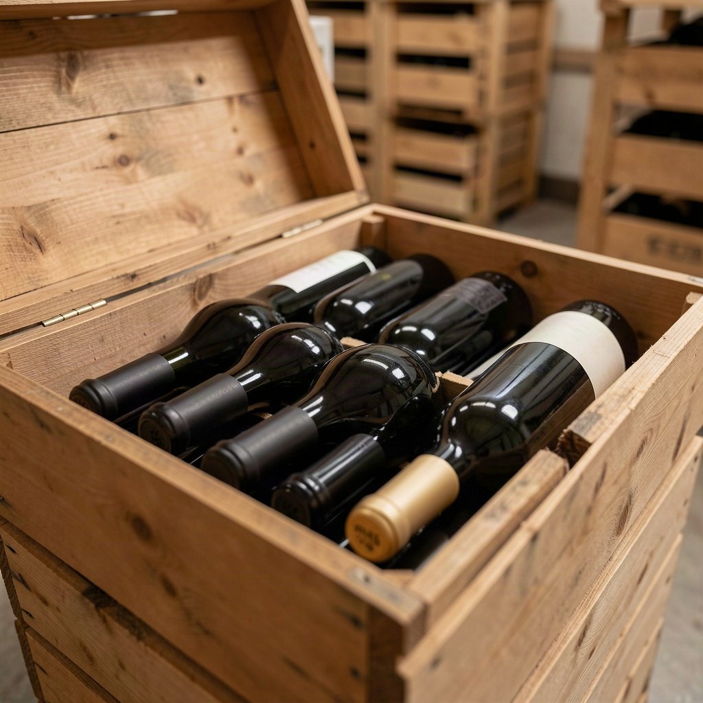 Stockage professionnel : garde en chai payante 1 Bouteilles de vin couchées dans une caisse en bois au chai