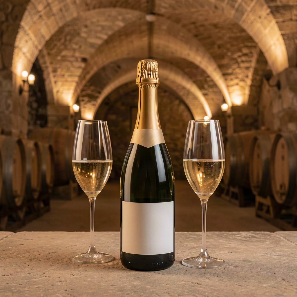 Taittinger Comtes de Champagne : les cuvées de prestige et leur valeur 1 Bouteille de champagne de prestige et flûtes dans une cave de craie