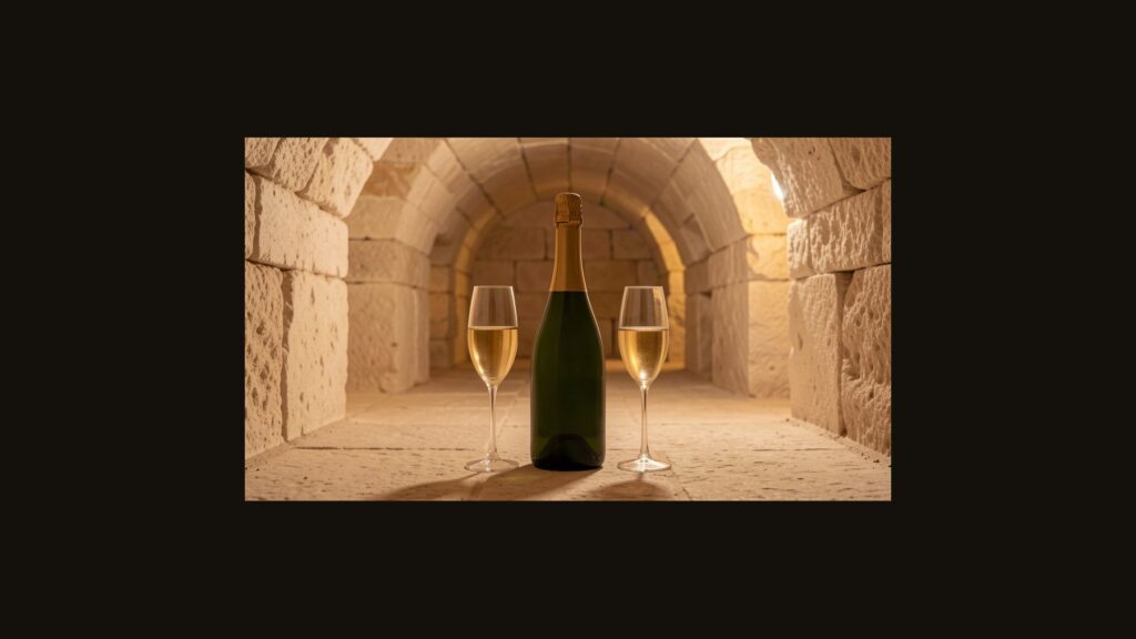 Bouteille de champagne de prestige et flûtes dans une cave de craie