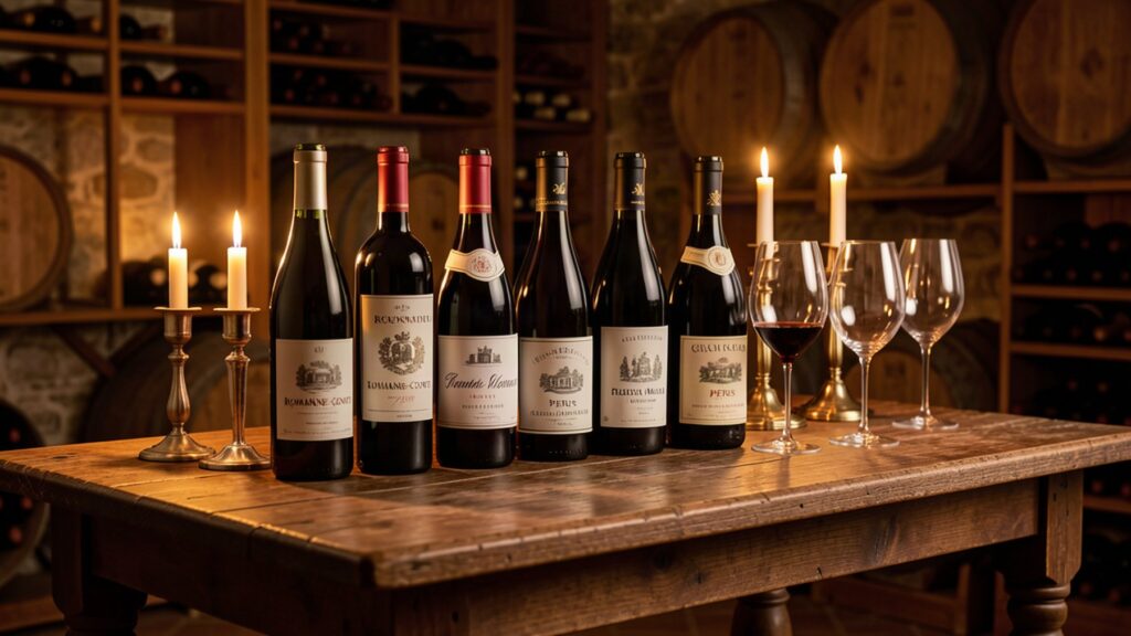 Bouteilles de vin de collection prestigieuses, Romanée-Conti et grands crus, photographie professionnelle
