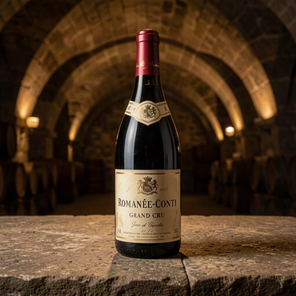 Gros plan sur une bouteille de Romanée-Conti Grand Cru dans une cave prestigieuse