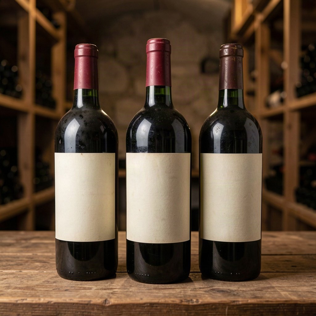 Top des Bordeaux à revendre en priorité 1 Trois bouteilles de forme bordelaise sur une table dans une cave