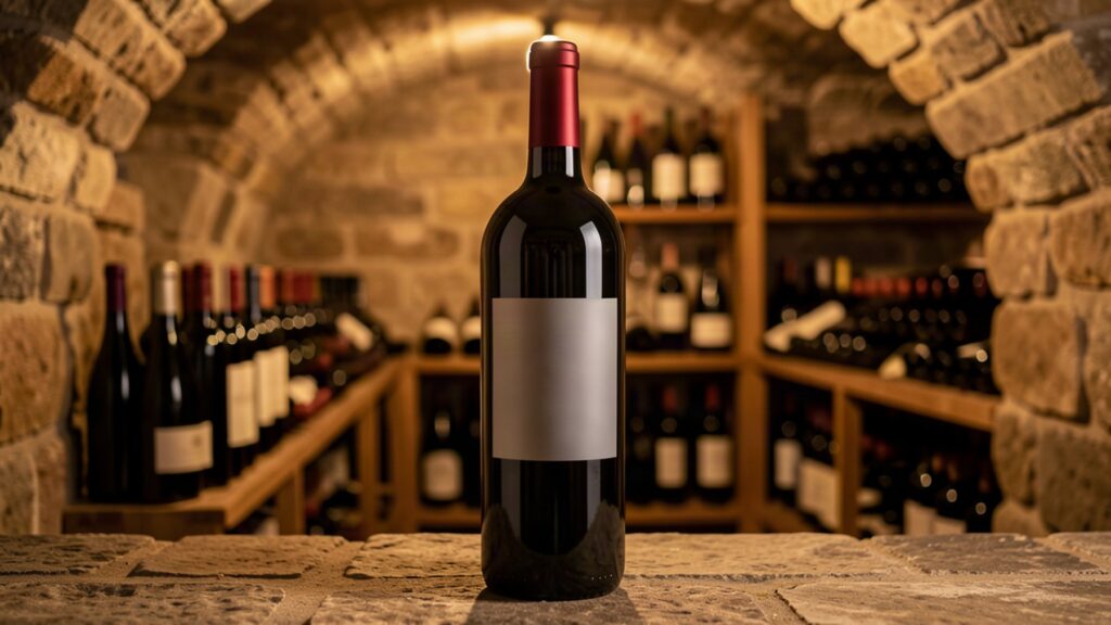 Grande bouteille de vin rouge dans une cave traditionnelle