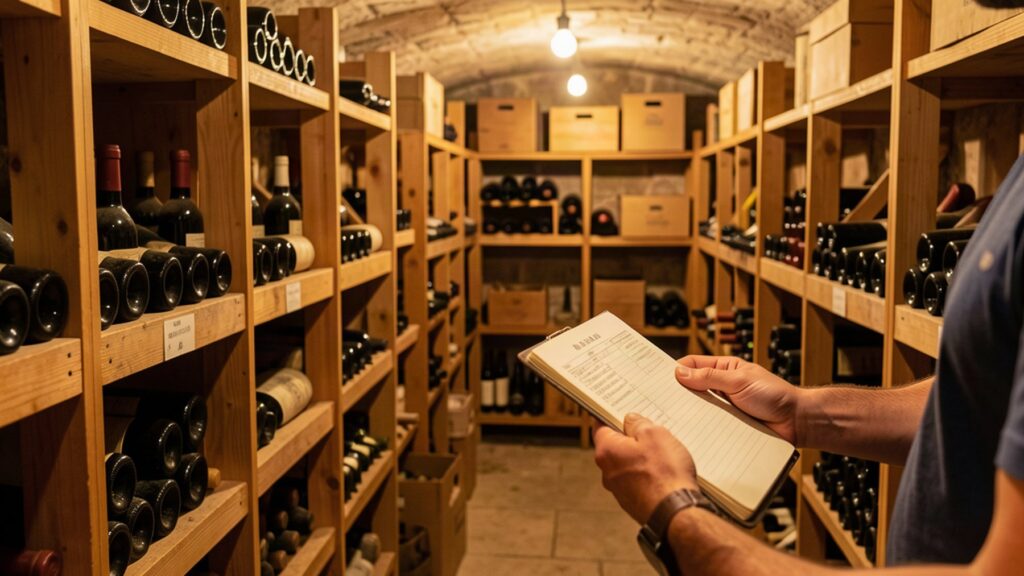 Cave familiale avec bouteilles de vin et carnet d'inventaire