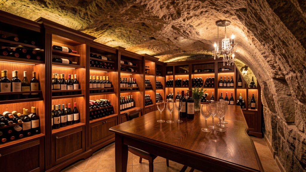 Bouteilles de vin prestigieuses dans une cave élégante - investissement vin 2026