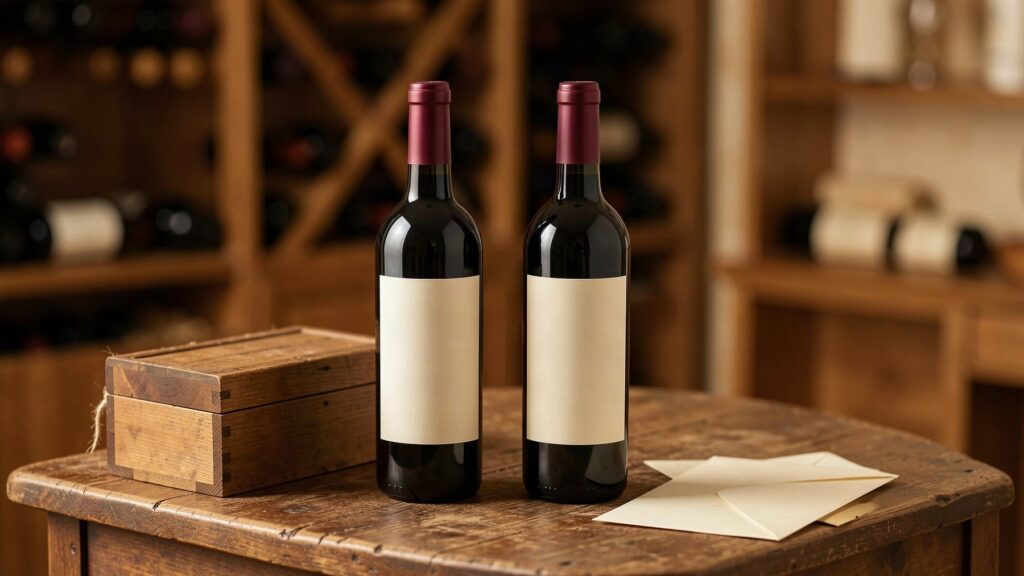 Deux bouteilles de vin et une boîte de souvenirs dans une cave familiale