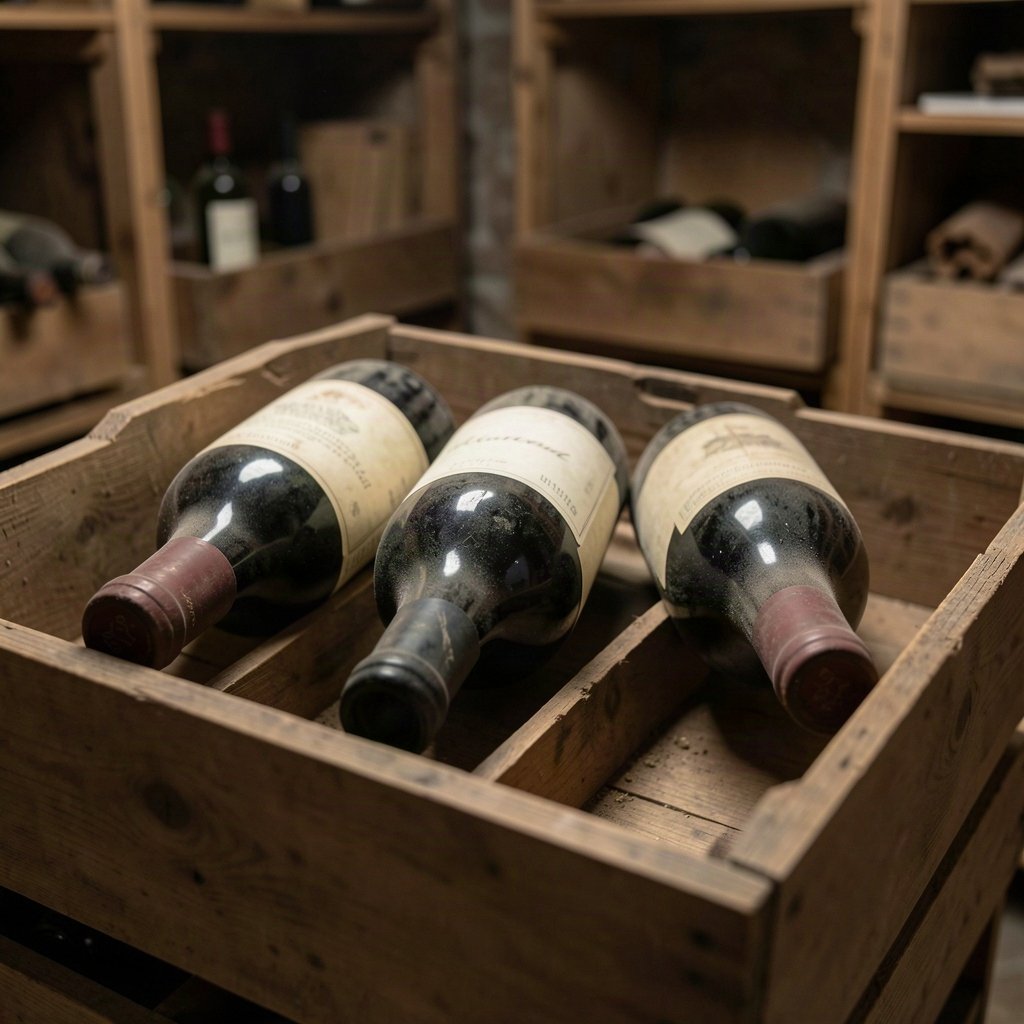 Vin de naissance ou de mariage : le garder ou le vendre ? 1 Bouteilles de vin fermées conservées couchées dans un casier en bois