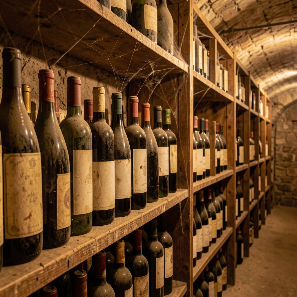 Collection de bouteilles très anciennes dans une cave