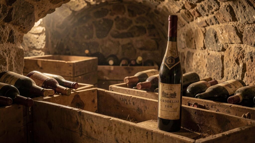 Bouteilles de vin anciennes dans une cave, illustration photographique