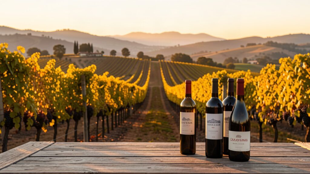 Vignoble californien et bouteilles de vin pour le marché secondaire