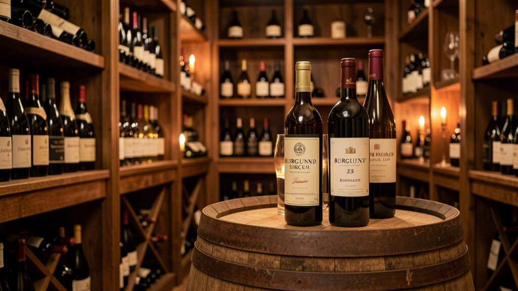 Bouteilles de grands crus de Bourgogne et Bordeaux dans une cave de collection éclairée