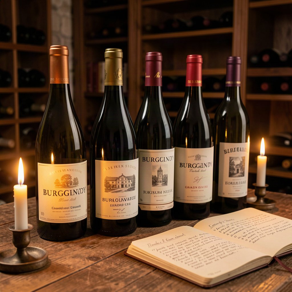 Bouteilles de grands crus de Bordeaux et de Bourgogne dans une cave de collection