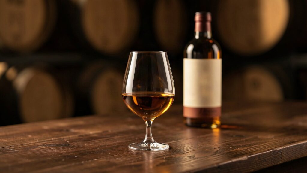 Verre de whisky ambré et bouteille générique, illustration photographique